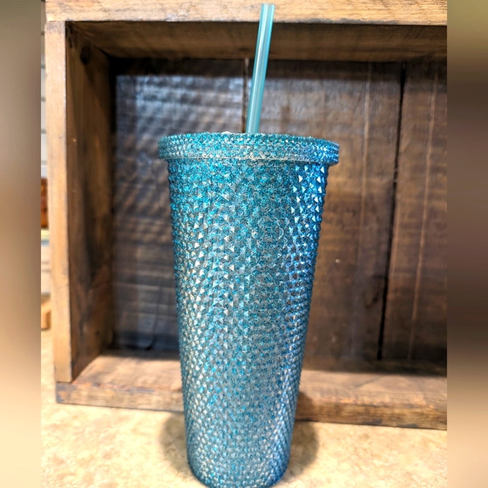 💎NEW IRRIDESCENT BLUE Diamond Double Wall Drinking Glass w/ Straw NEW